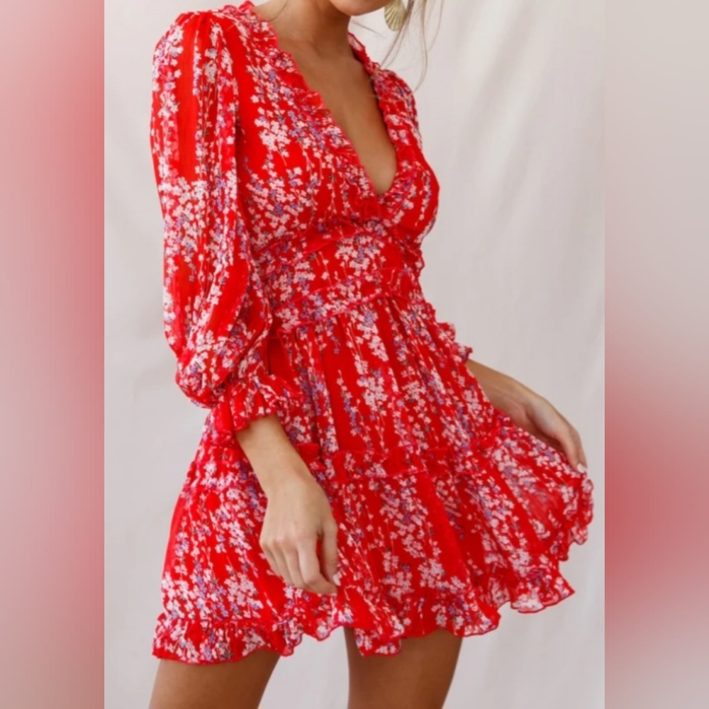 Sexy Ruffled Dress with Cuffed Lantern Sleeves & Cutout Back Size S